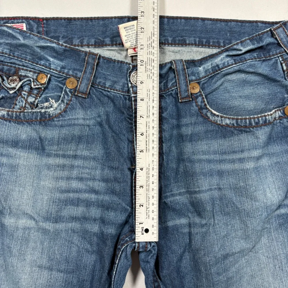 True Religion Jeans Mens 38x34 Ricky Big T Blue Straight Leg Contrast Stitch EUC
